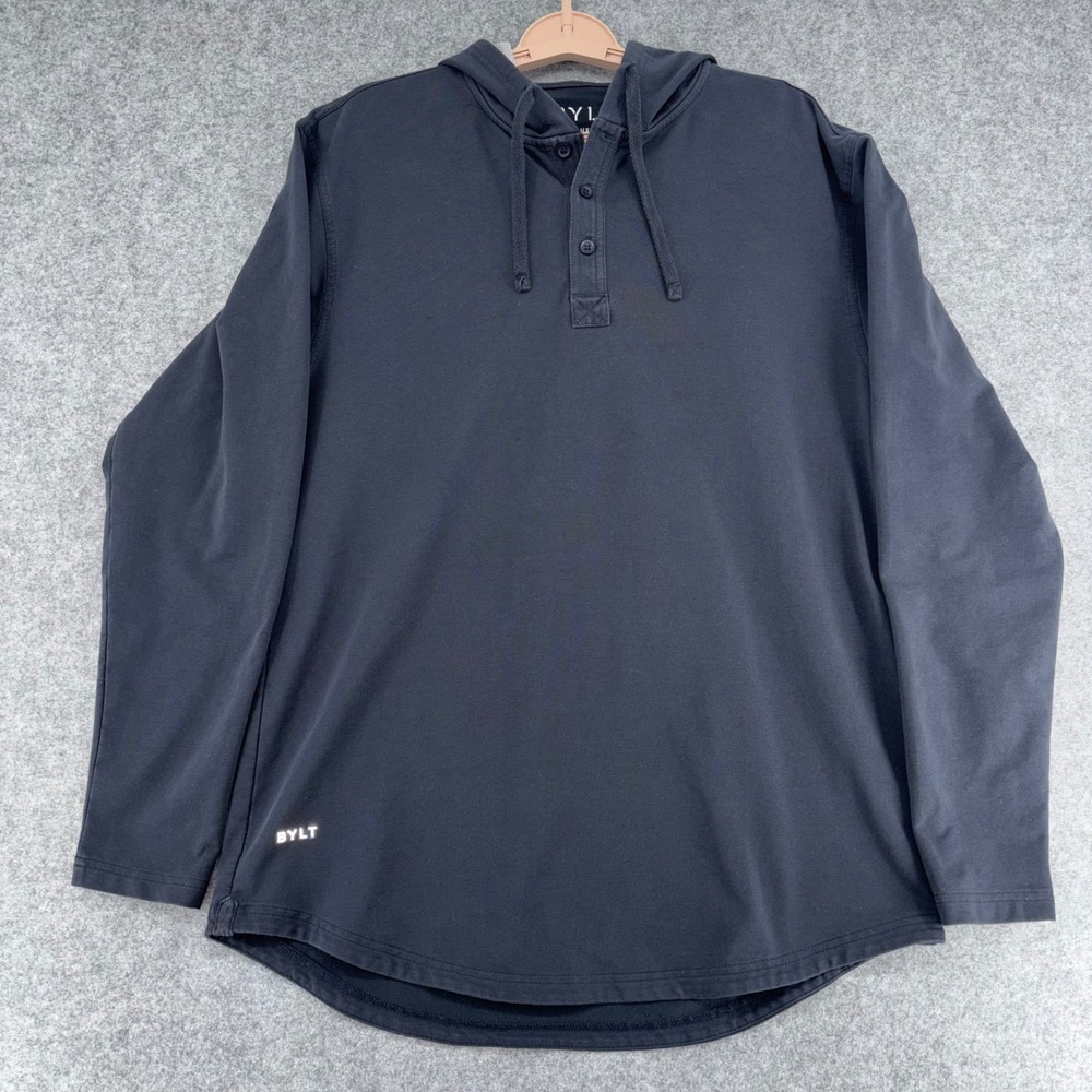 BYLT Lux Henley Hoodie Mens Large Black Long Sleeve Curved Hem Pullover Active